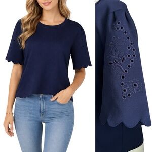 Anthropologie Maeve Navy Eyelet Embroidered Top Short Sleeve Boho Chic Blouse XL